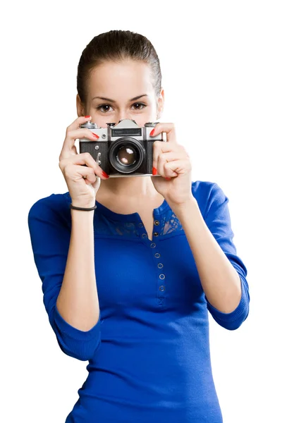 Cutie brunetka przy użyciu aparatu fotograficznego. — Zdjęcie stockowe