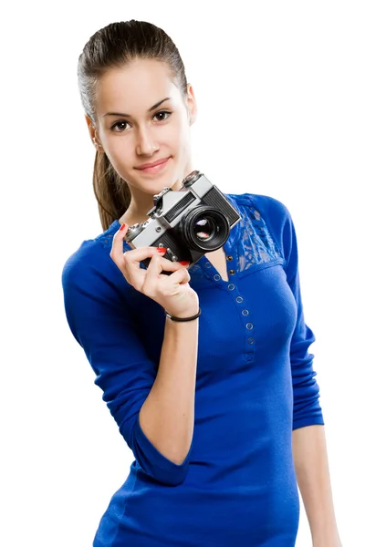 Bruneta drží fotoaparát — Stock fotografie