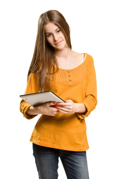 Teen girl having fun with tablet computer. — Stock Photo, Image