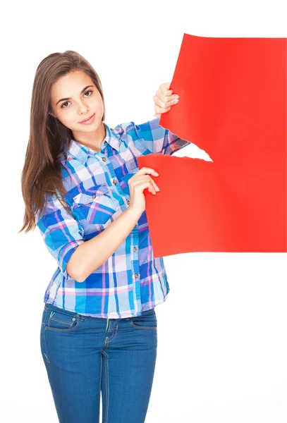 Cute brunette with blank sign. — Stock Photo, Image