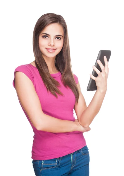 Cute student holding tablet computer. — Stock Photo, Image