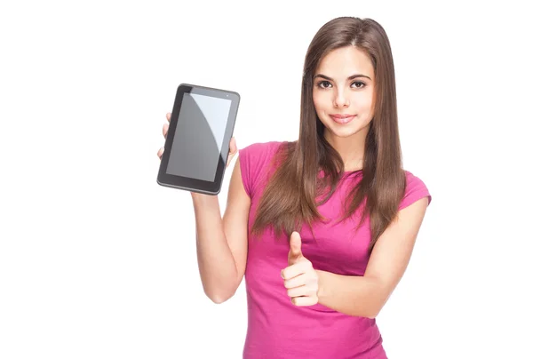 Cute student holding tablet computer. — Stock Photo, Image