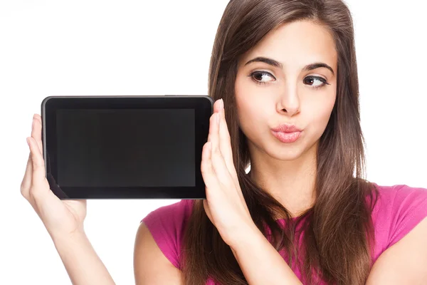 Cute student holding tablet computer. — Stock Photo, Image