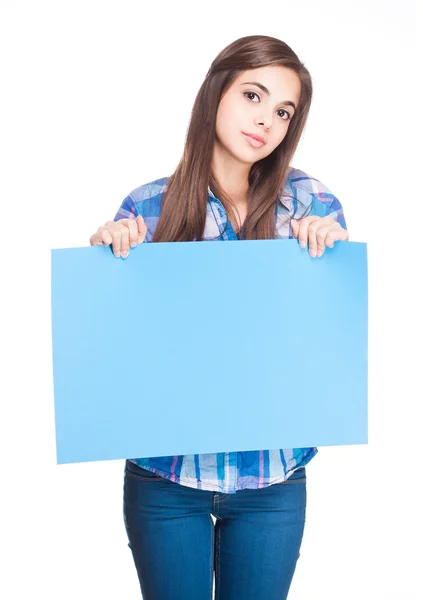 Morena beleza com banner em branco . — Fotografia de Stock