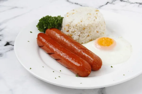 Photo Freshly Cooked Filipino Food Called Hotsilog Hotdog Egg Fried — Stock Photo, Image