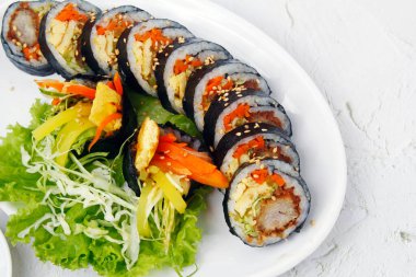 Photo of freshly cooked Korean food called Kimbap.