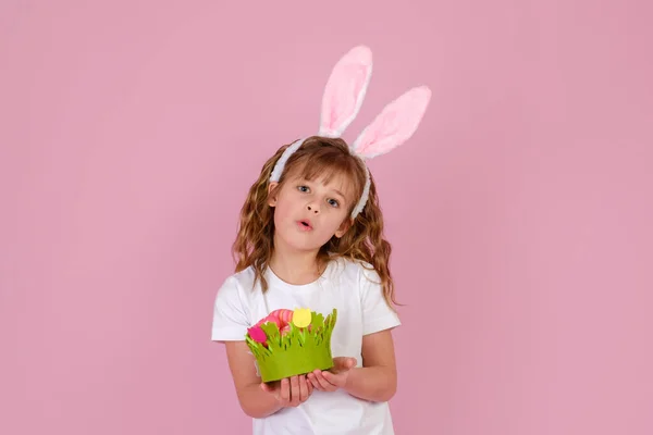 Little Beautiful Surprised Girl Easter Bunny Ears Headband Holds Hands — Stock Photo, Image