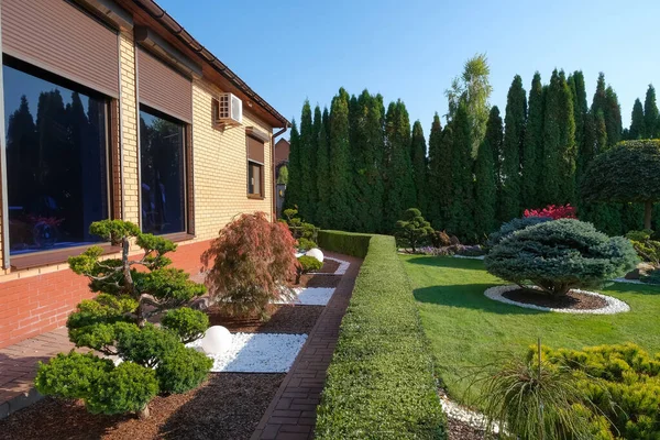 Jardín del patio trasero con bonsáis bien recortados, arbustos y arbustos en el lado de la villa —  Fotos de Stock