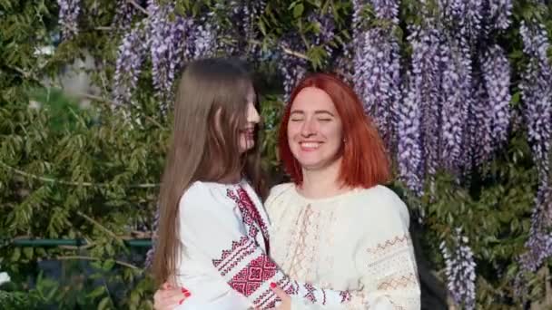 Подружки в національному традиційному одязі вишиванки обіймаються і посміхаються в природі — стокове відео