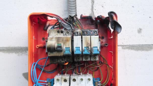 Burning Switchboard Overload Short Circuit Wall Circuit Breakers Fire Smoke — Stock Video