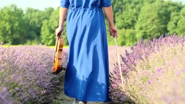 Middle Aged Violinist Blue Dress Holds Violin Walks Her Back — Video