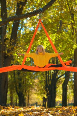 Sonbaharda ağaçların arkasında havadan ipeklerle pratik yapan genç bir kadın. Havadan ipek sanatçısı ağaçlardan sarkan ipek iplerde yarıklar açıyor, dikey yönelim