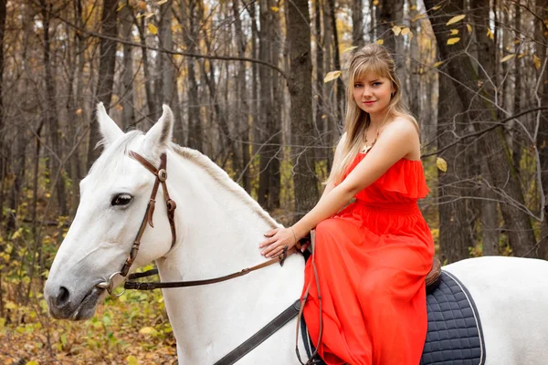 Bella giovane donna a cavallo su cavallo bianco — Foto Stock