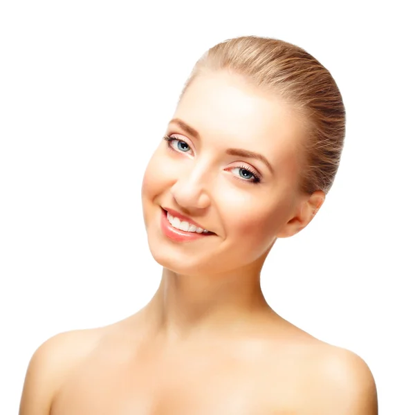 Beautiful young woman with naked shoulders smiles — Stock Photo, Image