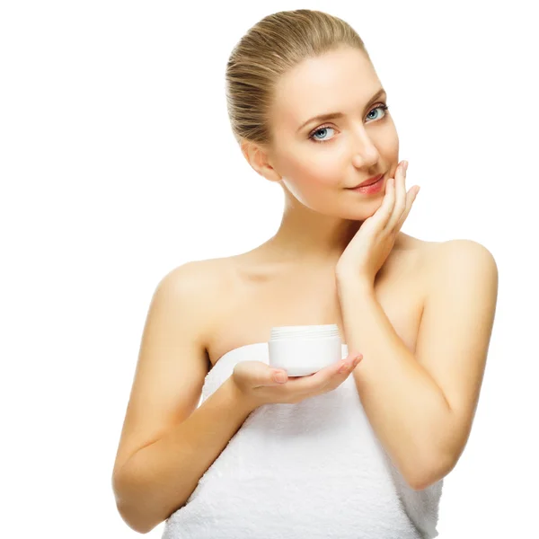 Beautiful blond woman tender jar of moisturizer cream — Stock Photo, Image