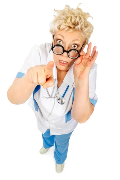 Crazy doctor shows finger in camera — Stock Photo, Image