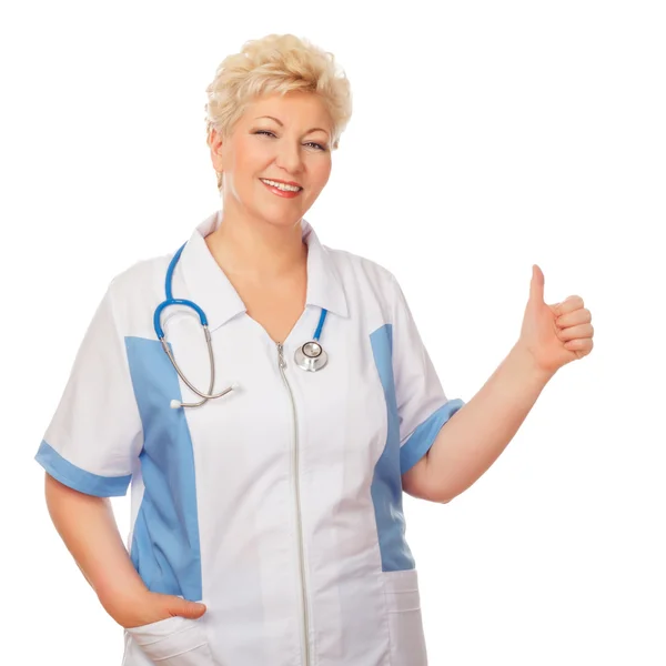 Medical doctor woman shows thumb — Stock Photo, Image