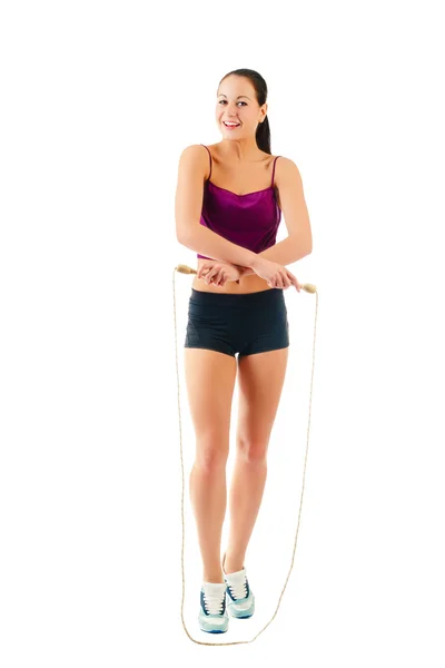 One caucasian woman jogger jumping rope — Stock Photo, Image