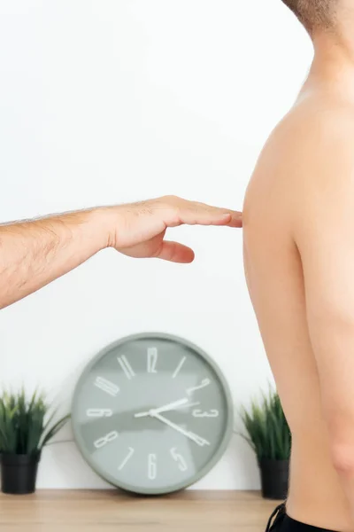 Osteopath Checks Man Back Palm His Hand Young Man Stands — Stock Photo, Image