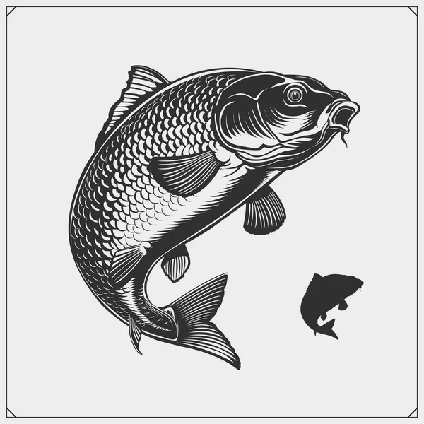 Carp Fishing Emblem Black White Realistic Graphics — Stock Vector