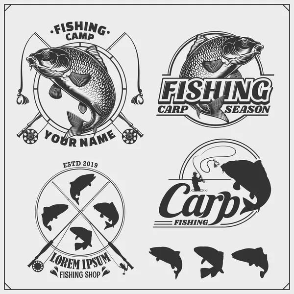 Carpa Emblemas Pesca Rótulos Gráficos Realistas Preto Branco —  Vetores de Stock