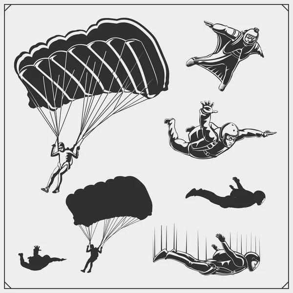 Skydiving Paracadutismo Emblemi Etichette Club Sportivi — Vettoriale Stock