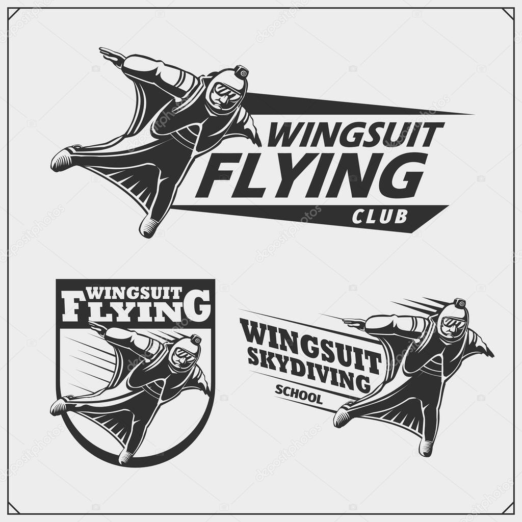Skydiving and parachuting emblems. Sport club labels.