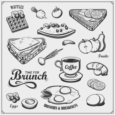 Brunch menü etiketleri, simgeler ve tasarım unsurları. Lezzetli gözleme, waffle, yumurta ve sandviç..