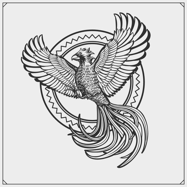 Flying phoenix bird with beautiful wings. Print design for t-shirt, template for emblem, mascot, and tattoo.