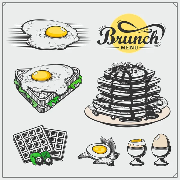 Etiquetas Menu Brunch Ícones Elementos Design Panqueca Deliciosa Waffles Ovos Ilustração De Bancos De Imagens