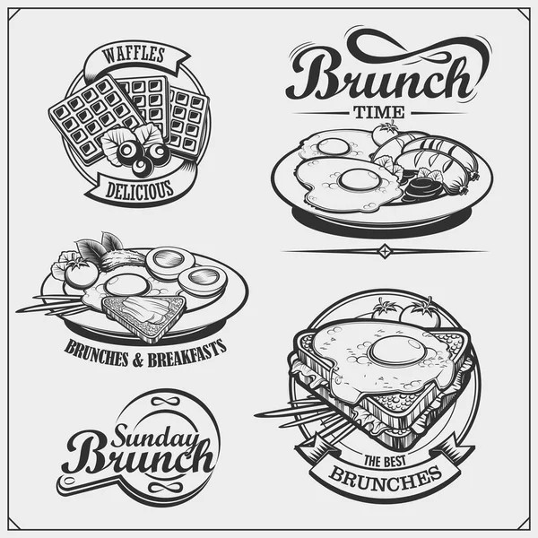 Etiquetas Menu Brunch Ícones Elementos Design Panqueca Deliciosa Waffles Ovos Ilustrações De Bancos De Imagens Sem Royalties