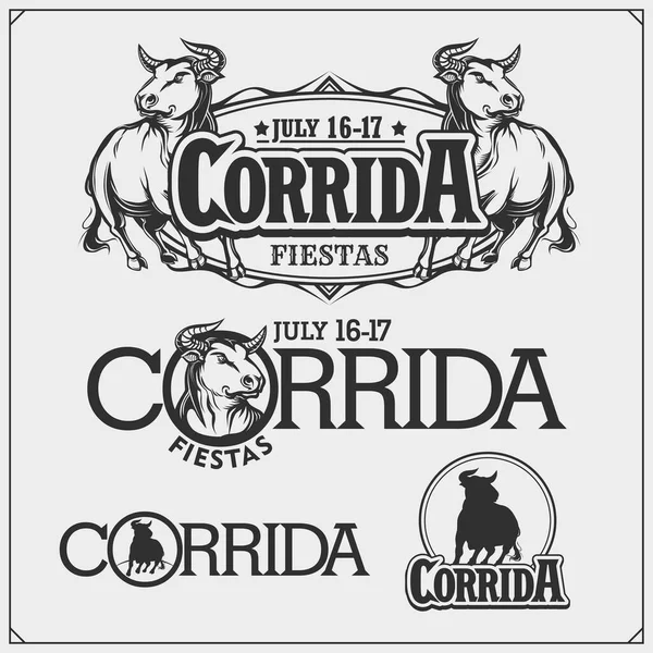 带有公牛的标签 Corrida徽章矢量图解 T恤衫的印花设计 图库插图