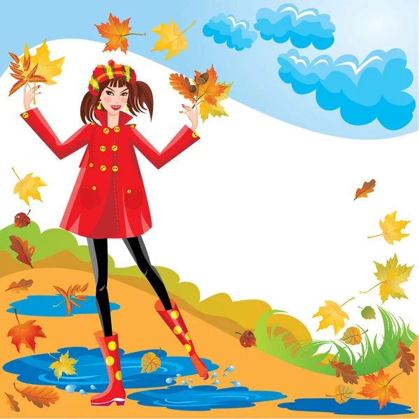 Pretty girl dressing coat and rubber boots walks in autumnal par — Stock Vector
