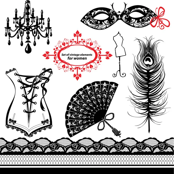 Conjunto de elementos para las mujeres - Máscara de Carnaval, Corsé, Peacock feath — Vector de stock