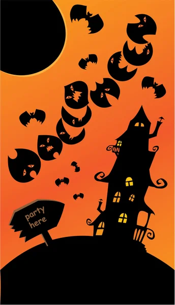 Manifesto di Halloween con cartello, casa misteriosa, pipistrelli e luna. Vuoto. — Vettoriale Stock