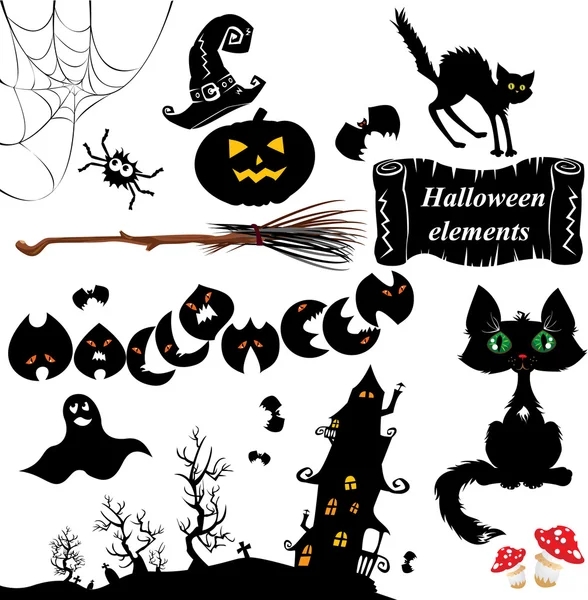 Conjunto de elementos de Halloween - calabaza, murciélagos, fantasma, gato, misterio — Vector de stock