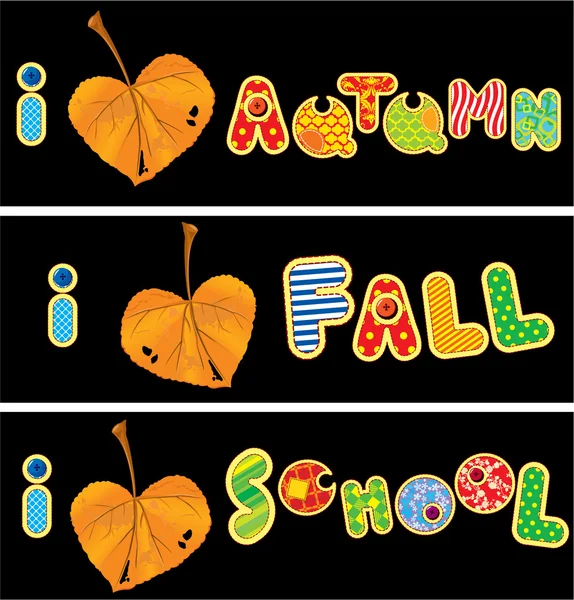 O coração outonal é feito de folhas e palavras AUTUMN, FALL, SCHOOL — Vetor de Stock