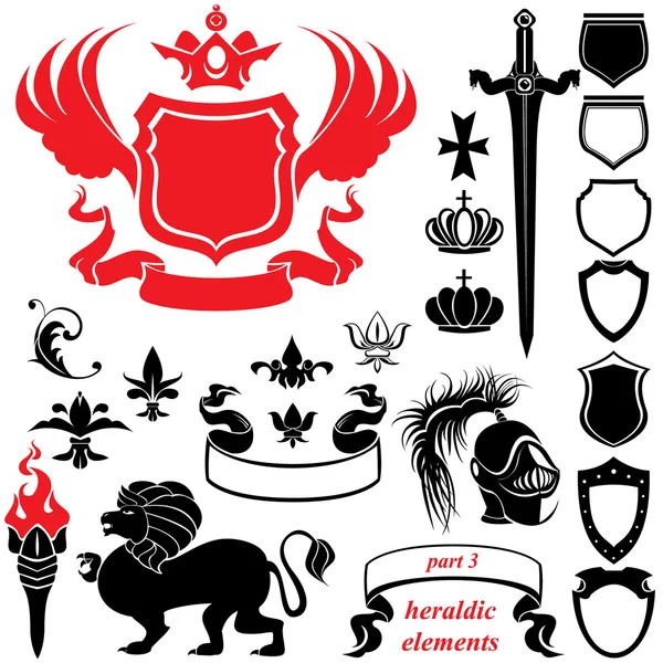 Set heraldische silhouetten elementen - iconen van blazoen, kroon, l — Stockvector