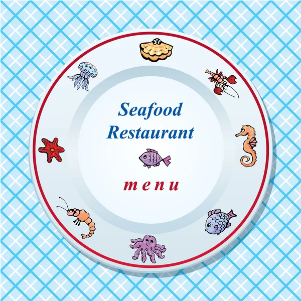 O desenho de cardápio de restaurante de frutos do mar - prato na toalha de mesa verificada —  Vetores de Stock