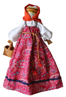 Hand made doll in traditional dress, Russia, isolated against wh clipart
