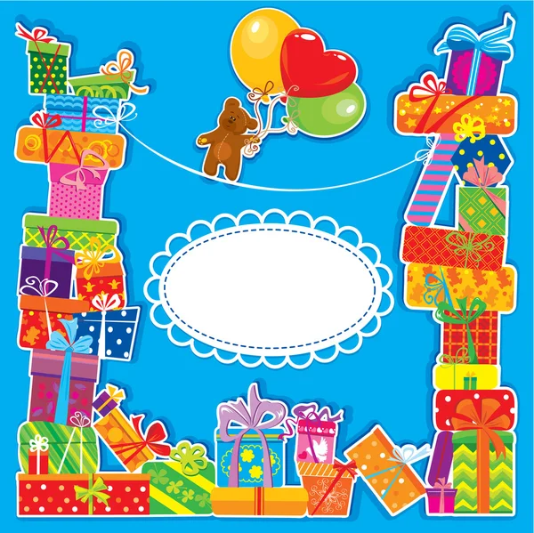 Baby-Geburtstagskarte mit Teddybär und Geschenkschachteln für Jungen — Stockvektor