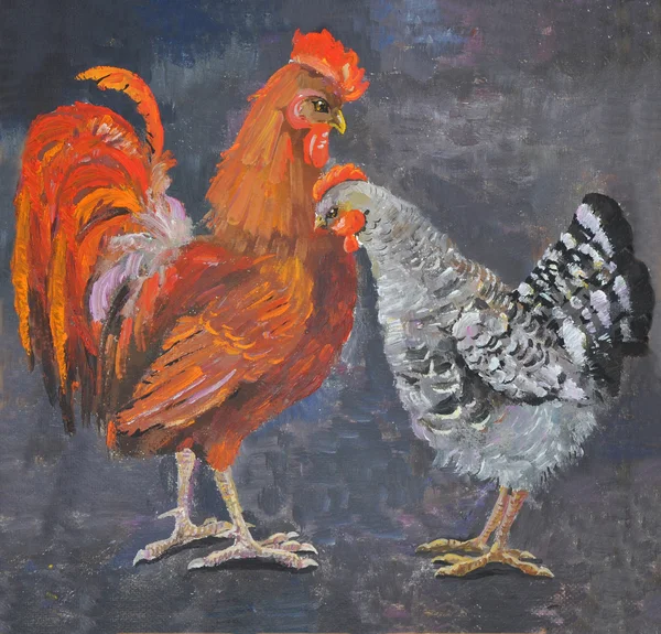 Gallo e gallina in piedi, dipinto ad olio quadro — Foto Stock