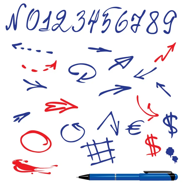 Számok és szimbólumok (nyilak) set - kézzel rajzolt kép — Stock Vector