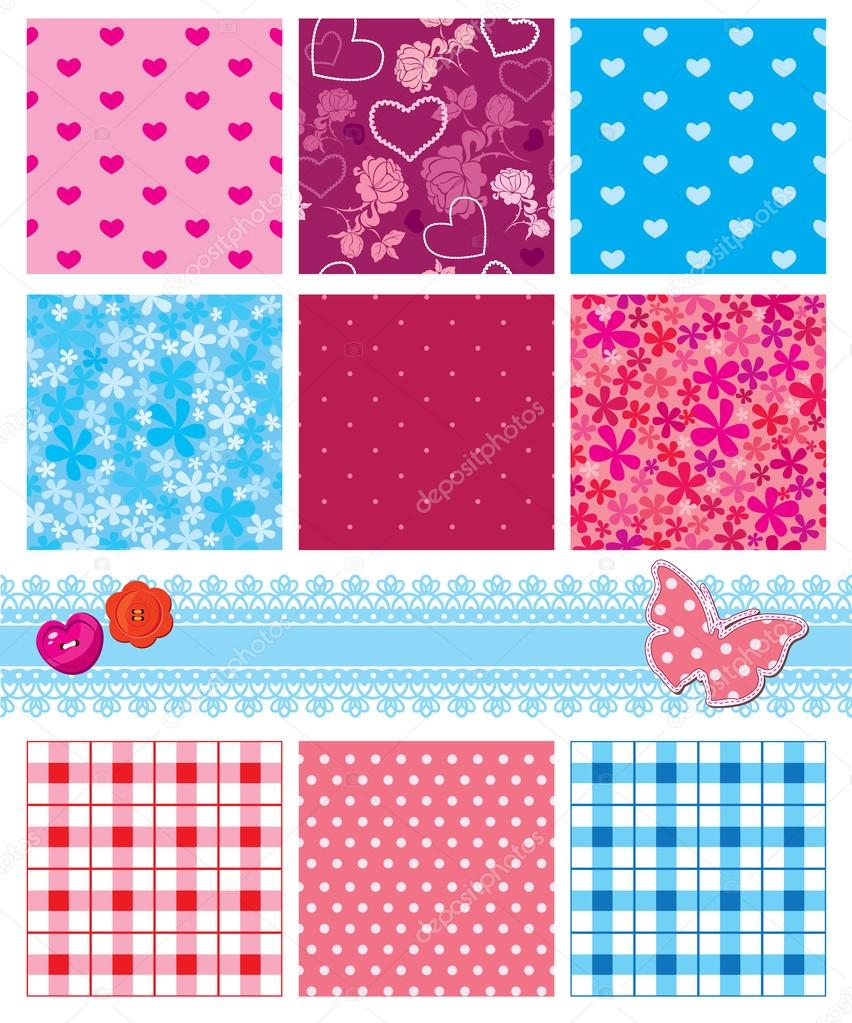 Fabric textures in pink and blue colors - seamless patterns