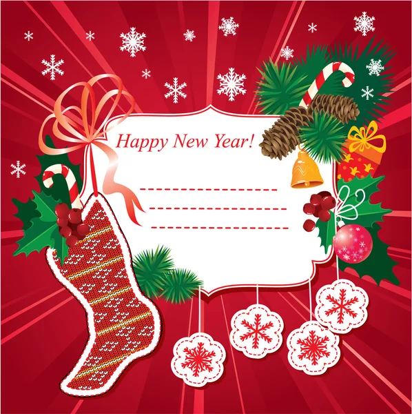 Ilustración de calcetines navideños con regalos sobre fondo rojo — Vector de stock