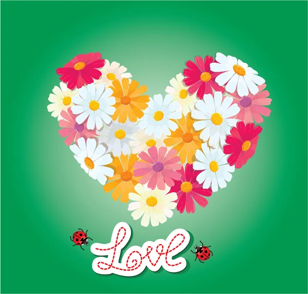 El corazón está hecho de margaritas sobre un fondo verde. Día de San Valentín c — Vector de stock