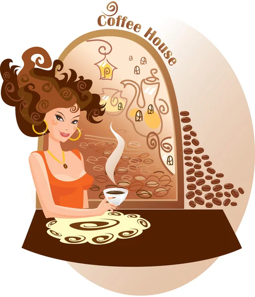 Mooi meisje in koffiehuis — Stockvector