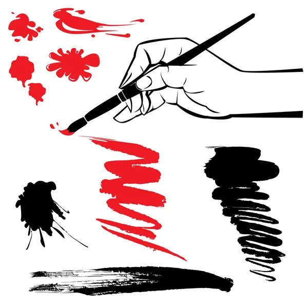 Set of black and red blots and hand with brush on the white back — Stock Vector