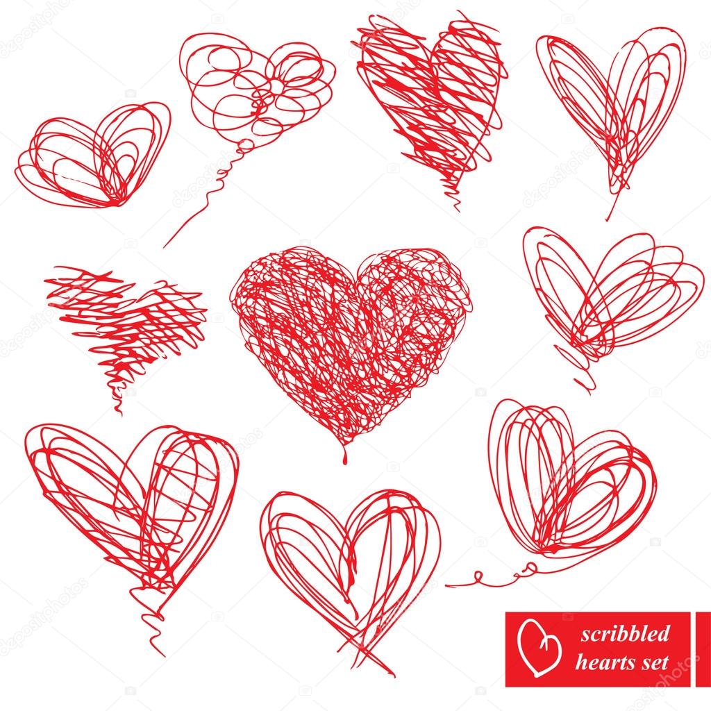 Set of 10 scribbled hand-drawn sketch hearts for Valentines Day