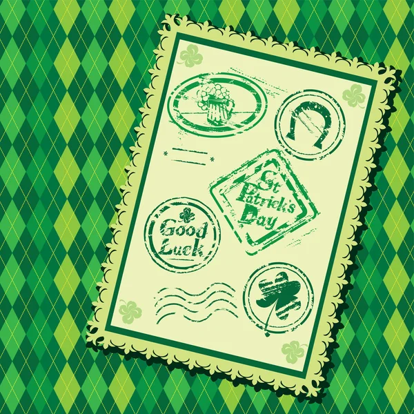 Set de timbres en caoutchouc vert grunge avec tasse à bière, trèfle, hors-d'œuvre — Image vectorielle